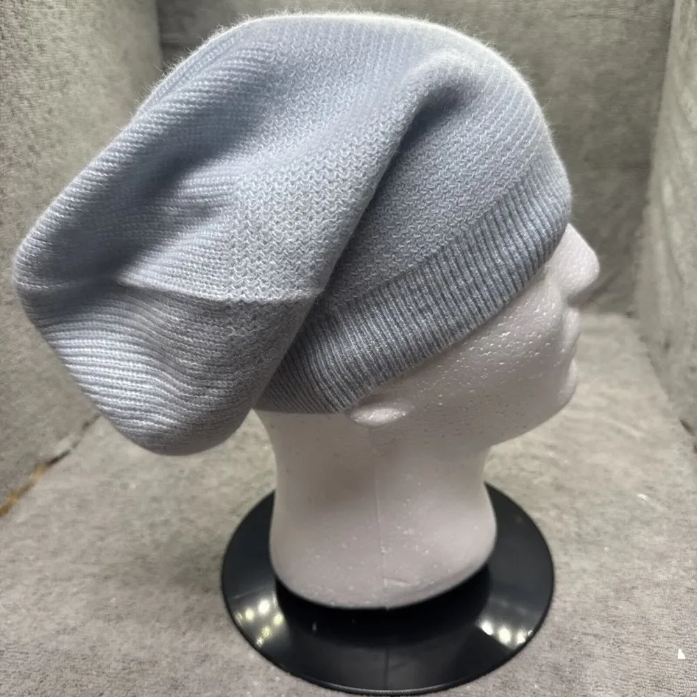 Waysoft 100% Cashmere Beanie Hat Knit Pale Blue Ribbed Luxury Cap‎ Apres Ski